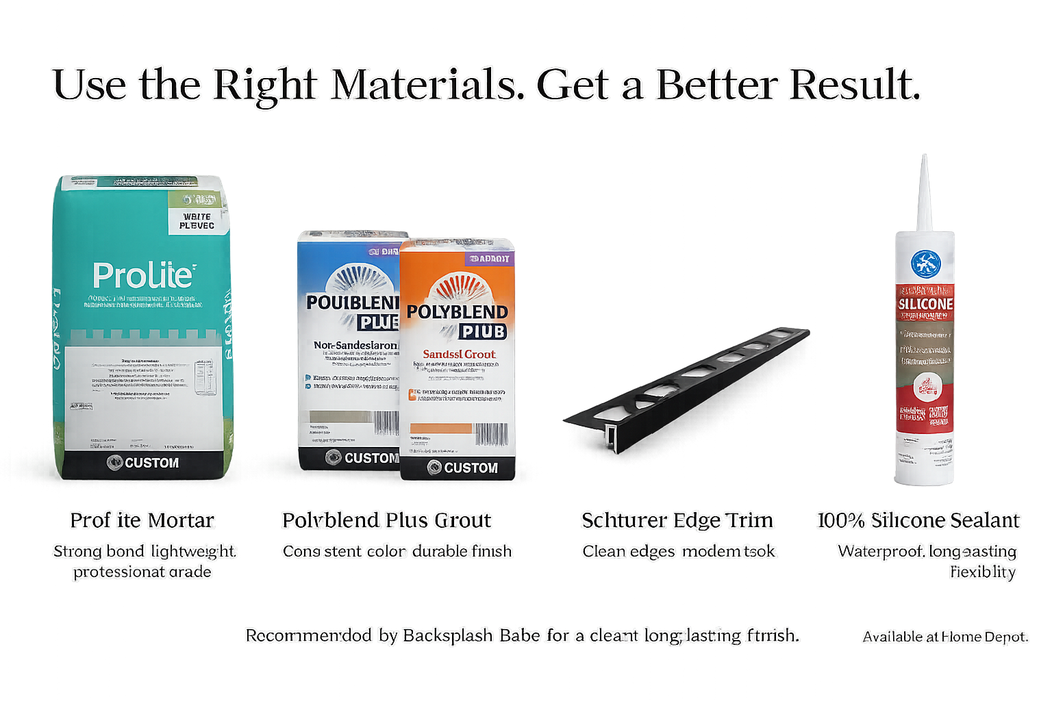 Recommended tile installation materials: ProLite mortar, Polyblend Plus grout, Schluter edge trim, and 100% silicone sealant