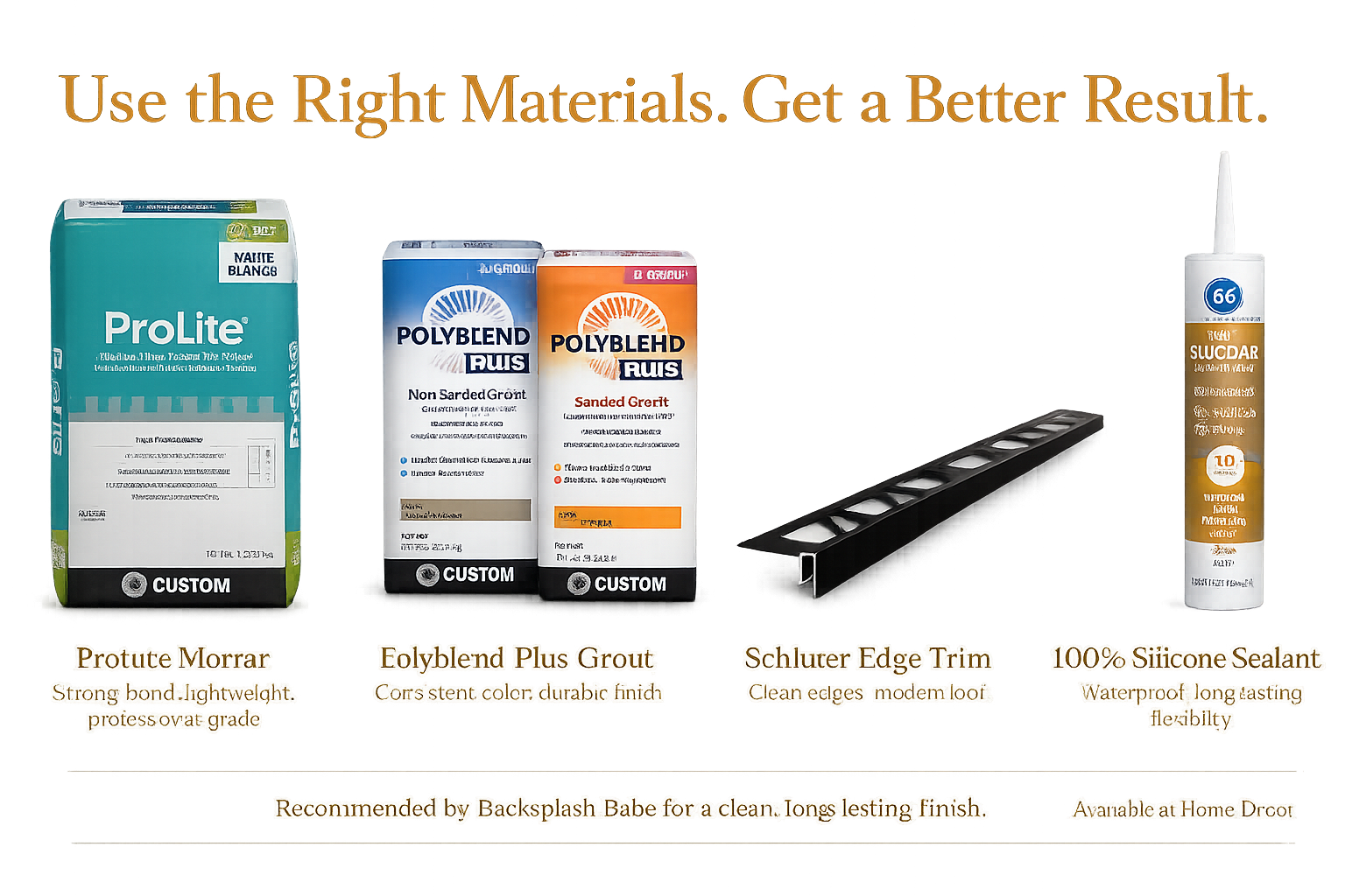 Recommended materials: ProLite mortar, Polyblend Plus grout, Schluter edge trim, and 100% silicone sealant